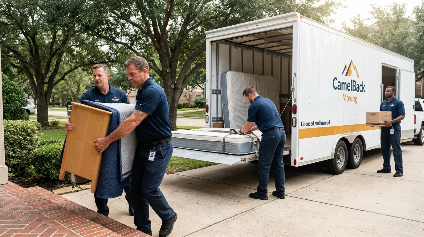 Crew loading residential truck for cross-state move from Castroville, CA