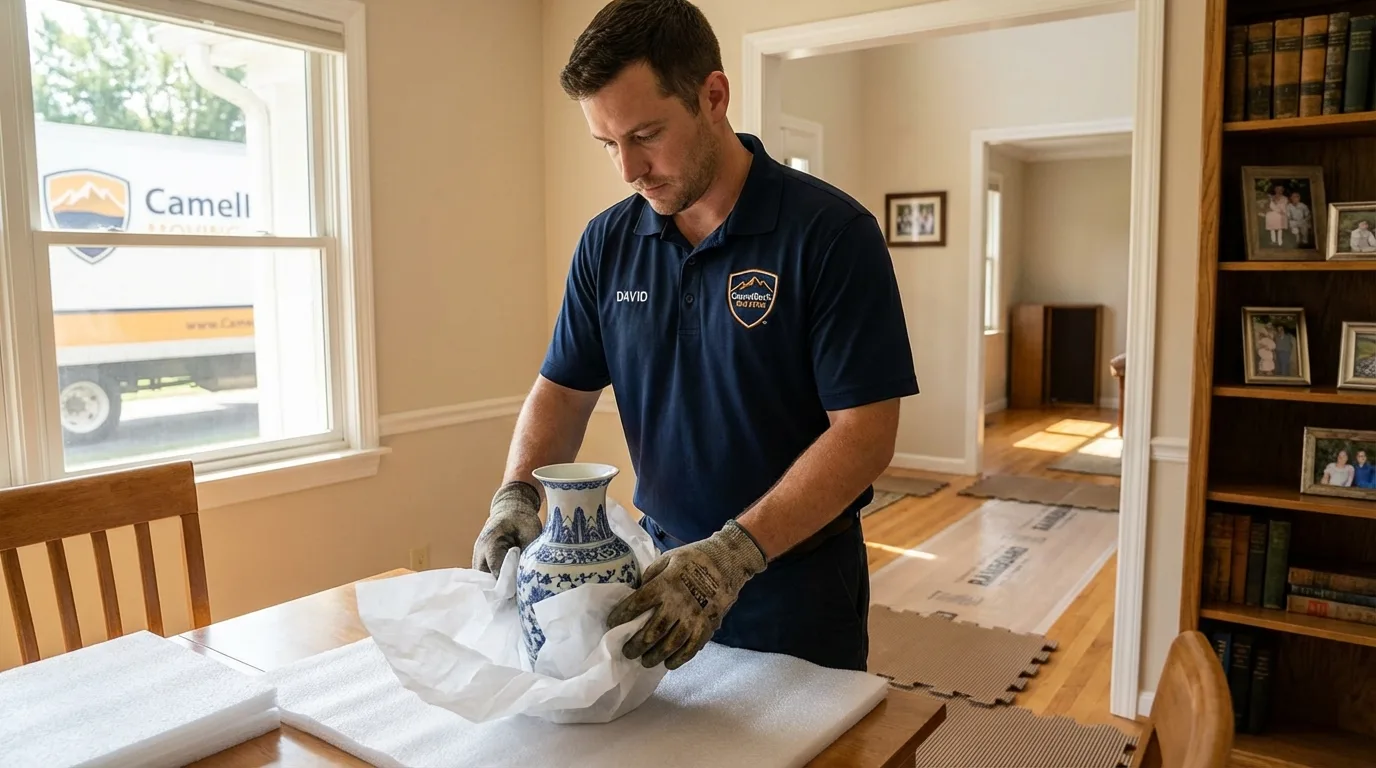 Professional crew carefully wrapping antique vase for senior downsizing move in Castroville, CA